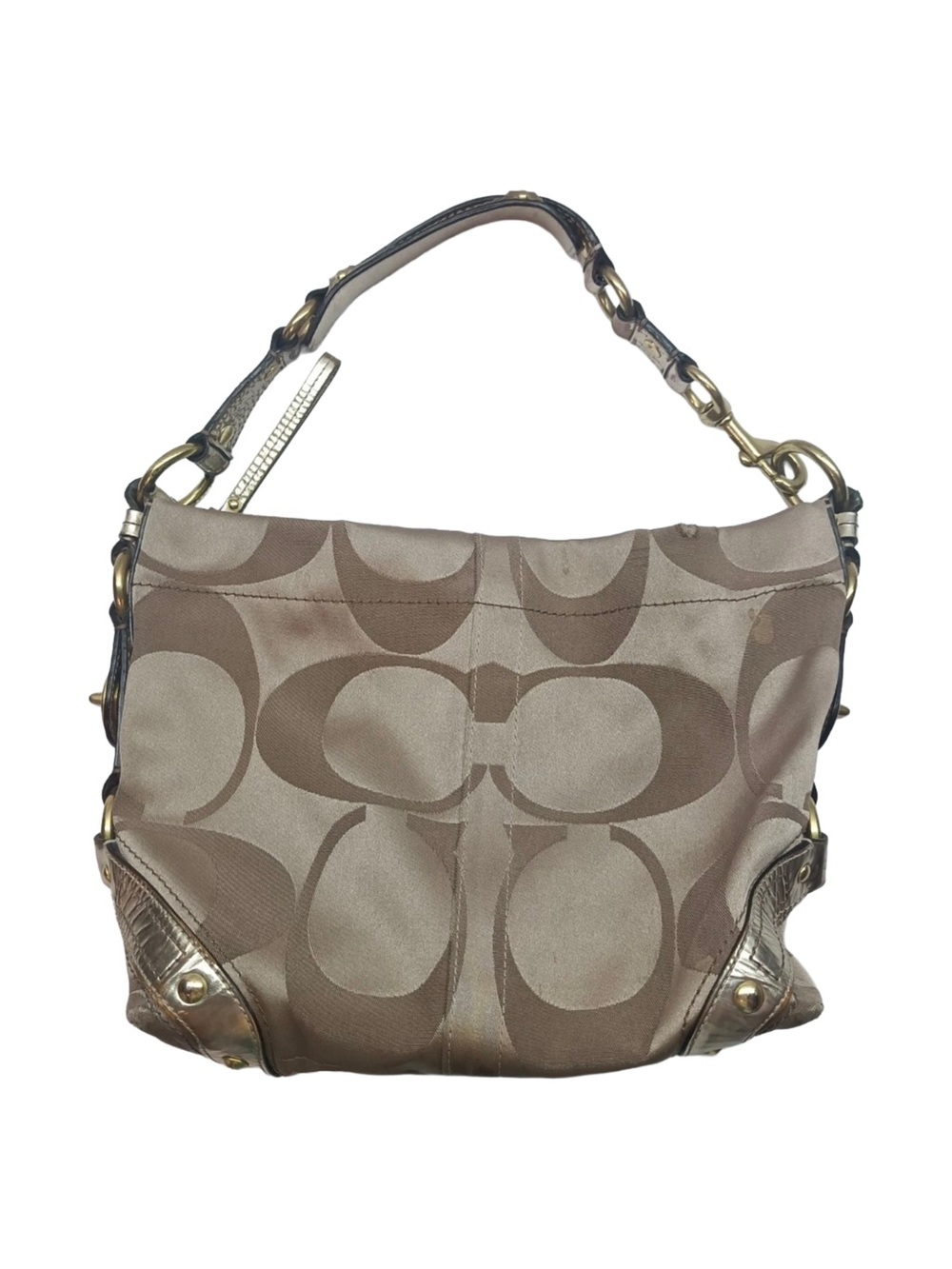Coach Carly Signature metallic Canvas Shoulder Bag in tan/brown